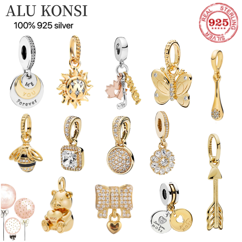 

2021 Authentic Original 100% 925 Sterling Silver Bead Sun Dangle Clear Clip Charms Gold Fit Pandora Bracelets Women DIY Jewelry