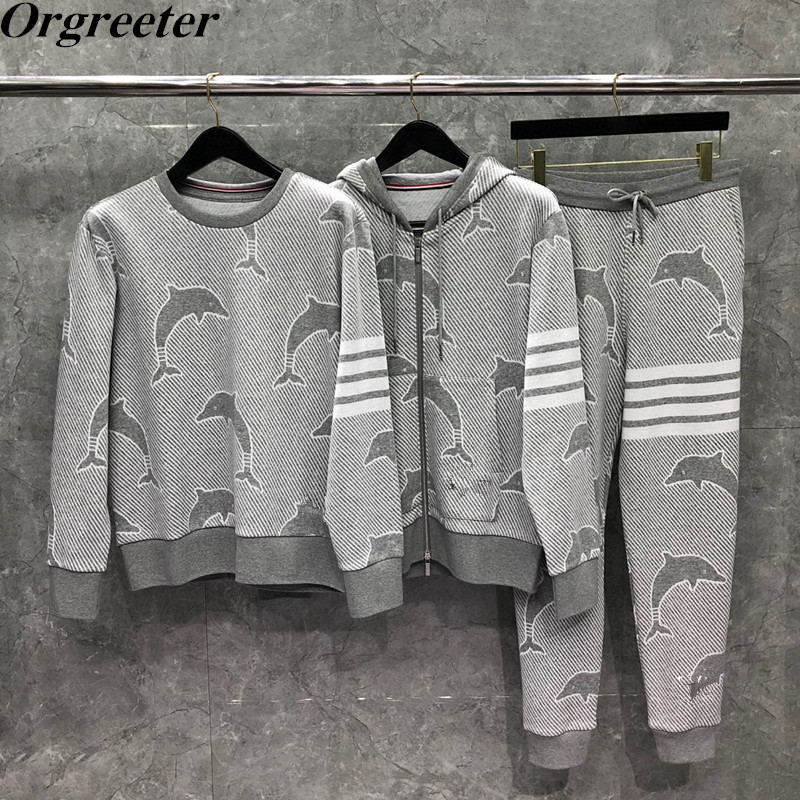 

Fashion Jacquard Dolphin Tracksuit Women's Fall Winter Hooded Sweashirt Cardigan/Pullover Tops+ Trousers 2 Piece Sets Women 210525