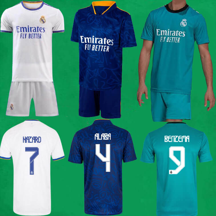 

21 22 Real Madrid soccer jerseys short Home Away Third kits 2021 2022 ALABA HAZARD ZIDANE BENZEMA football shirt pants Camiseta De Futbol Me, Black;yellow