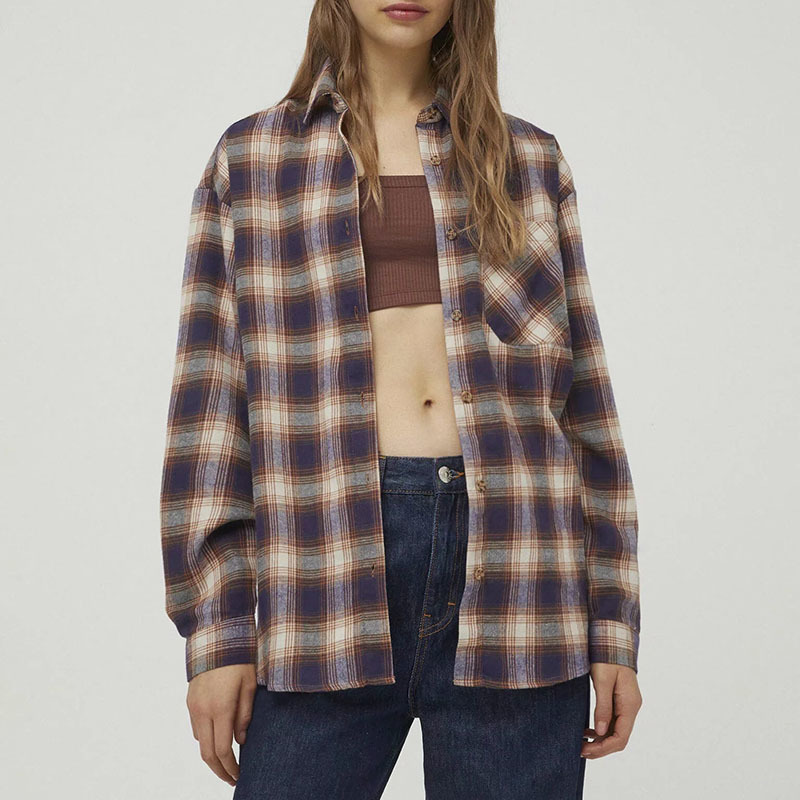 

Women's Retro Color Check Shirt All-Match Lapel Long Sleeve Pocket Casual Spring And Autumn Style 210521, Lattice