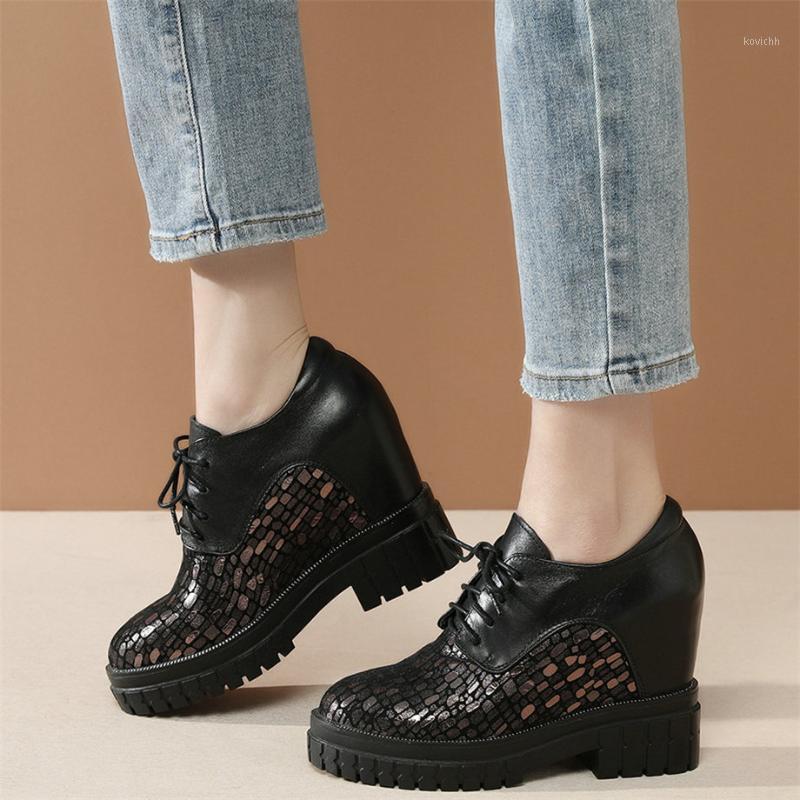 

Lace Up Casual Shoes Women Genuine Leather High Heel Pumps Female Round Toe Platform Oxfords Low Top Ankle Boots, Black