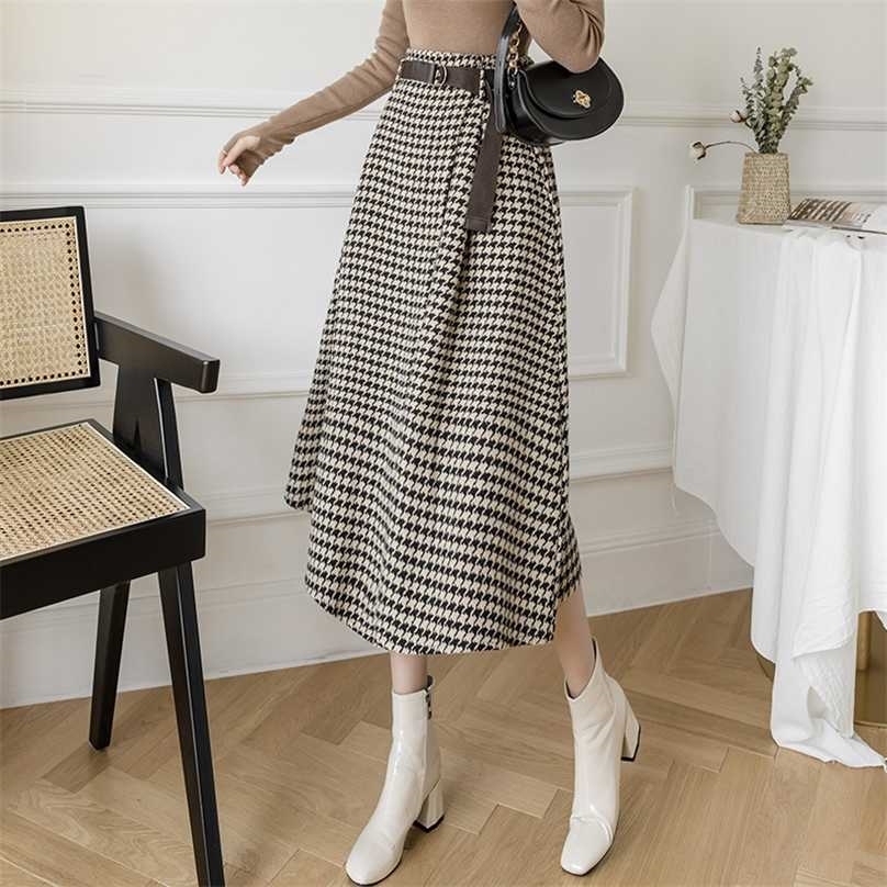 

Office Ladies Vintage Autumn Winter Warm Midi Long Skirt Women Korean Irregular Plaid Mid-Length High Waist Female Belt 211109, Gray