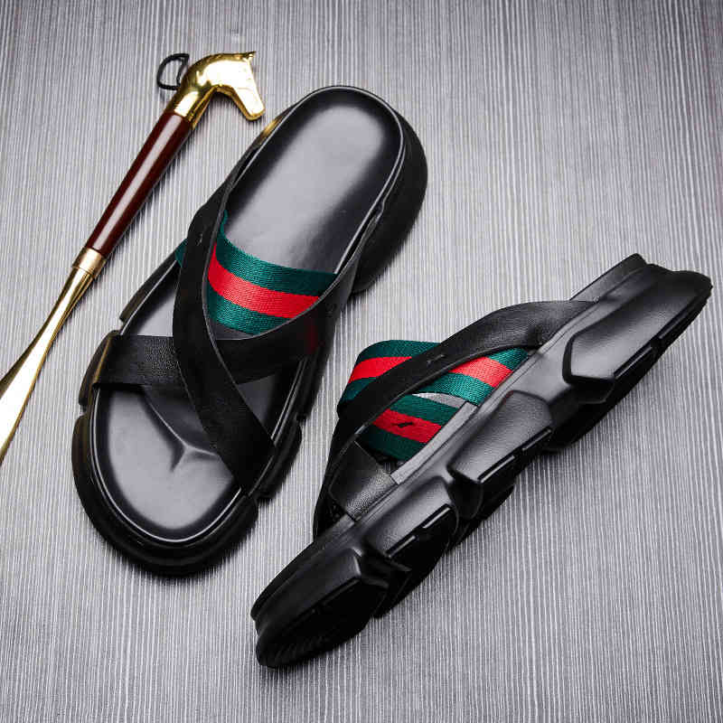 

Slippers Men's leather thick bottomed outdoor casual slippers men's summer wear fashion antiskid and deodorant beach shoes P5K7, 1# shoe box