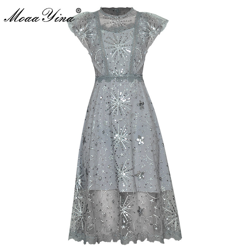 

Fashion Designer dress Summer Women's Dress Butterfly Sleeve Mesh Sequined Gold Line Embroidery Dresses 210524, Blue