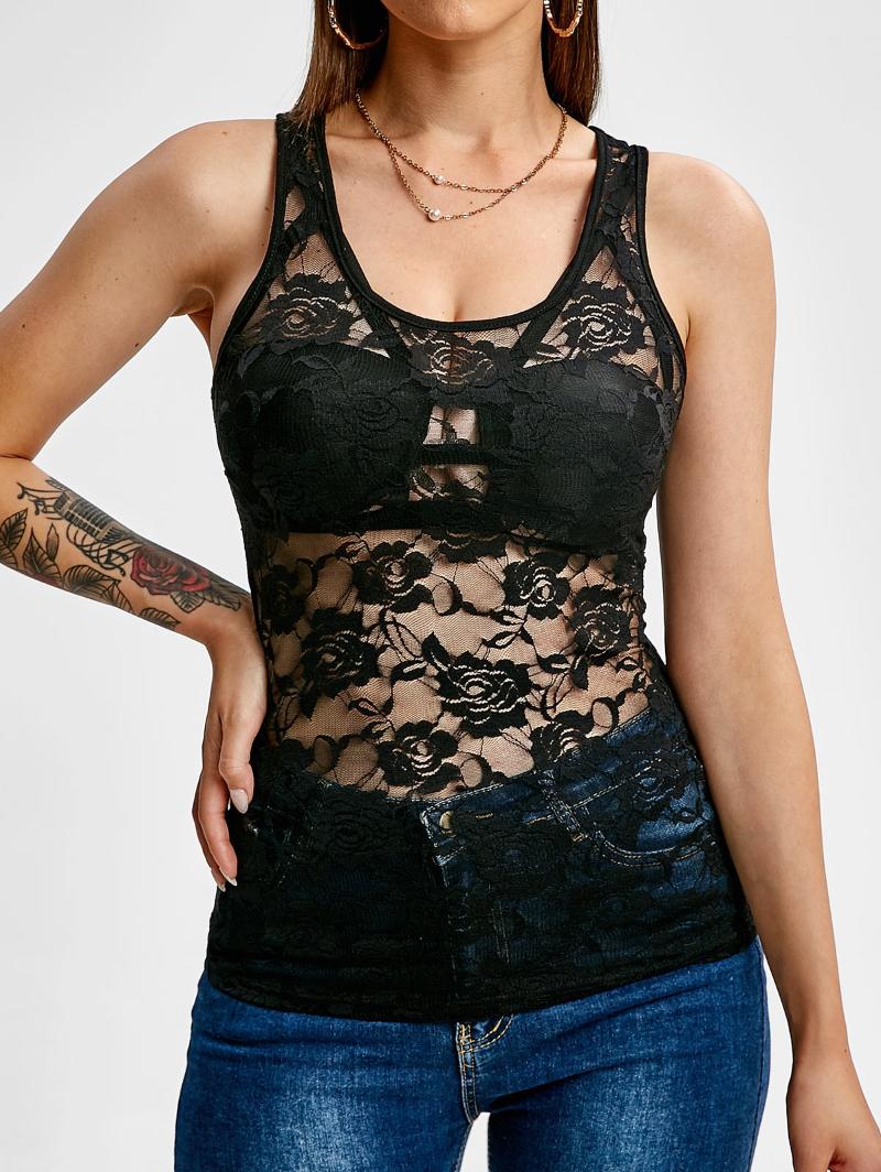 

Women's Tanks & Camis Fashion Casual Floral Pattern Lace See Through Tank Top Women Sleeveless Hollow Out Summer Cutout Vest -3XL, Black