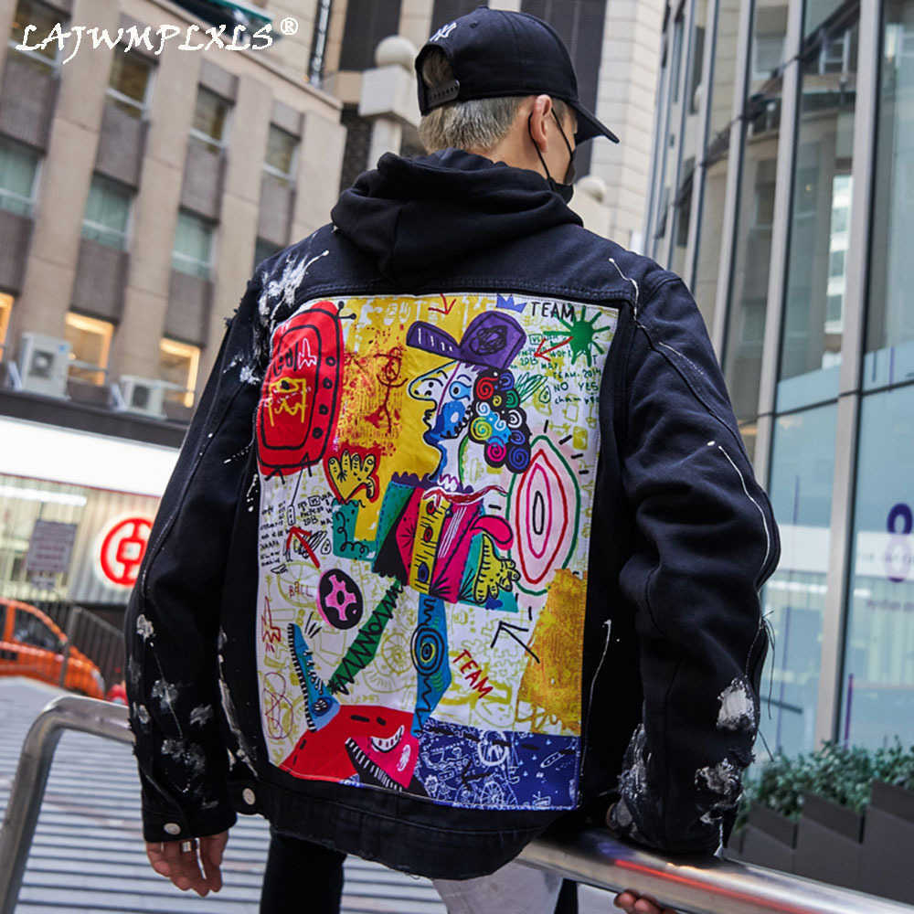 

2021Streetwear Fashion Male Tops Hip Hop Graffiti Cartoon Ripped Denim Jackets Mens Casual Distressed Jeans Jacket Coat, Black