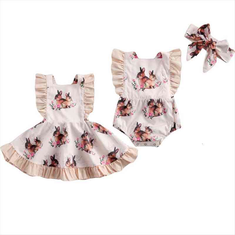 

0 5y lovely infant kids girl dresses girls romper cartoon rabbit print ruffles sleeve jumpsuits headband or a line, Red;yellow