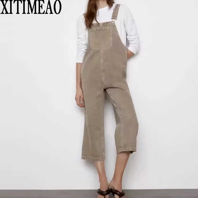 

ZA Fashion Women Strap Jeans Rompers Jumpsiut Romper Long Trousers Jumpsuits ladies Overalls XITIMEAO 210602, Grey khaki