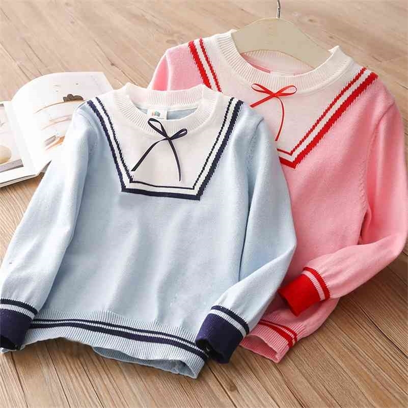 

Autumn Spring 2 3 4 5 6 7 8 10 Years Children O-Neck Knitted Pullover Bow Cotton Navy Style Sweater For Baby Kids Girls 210701, Pink