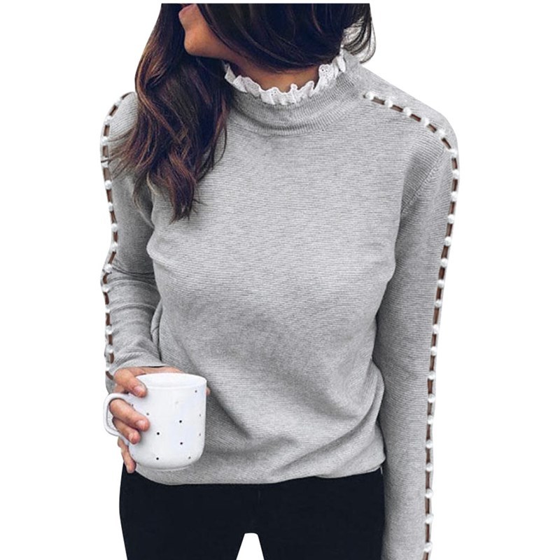 

Oufisun Autumn Sexy Hollow Out Turtleneck Lace Beading Decoration Shirt Solid Color Long Sleeve Casual Tops Women' Shirts 210517, Flower ash