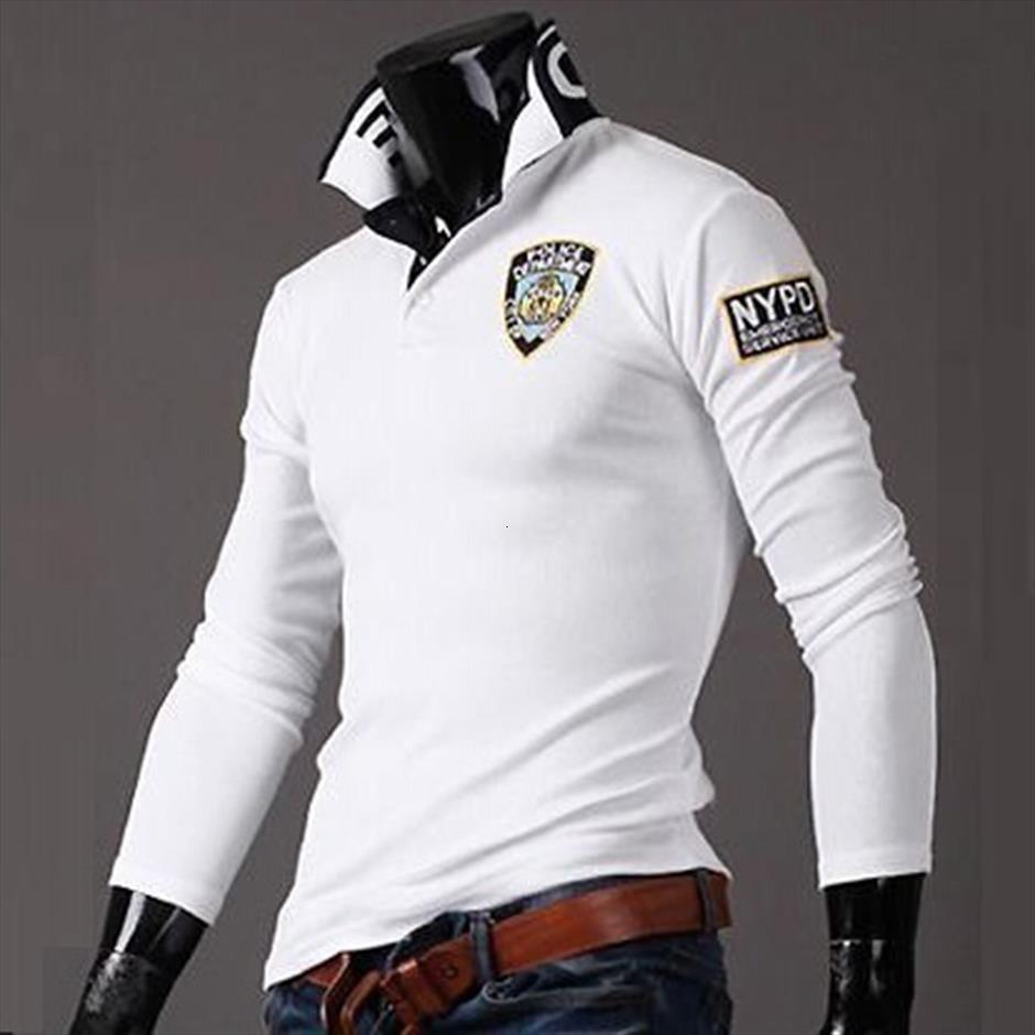 

shirts breathable casual mens polo solid long sleeve turn down collar letter printed polos for men clothing, White;black