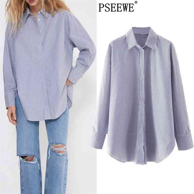 

Blue White Striped Oversized Shirt Women Fall Casual Long Sleeve Top Woman Collared Button Up Ladies Shirts 210519