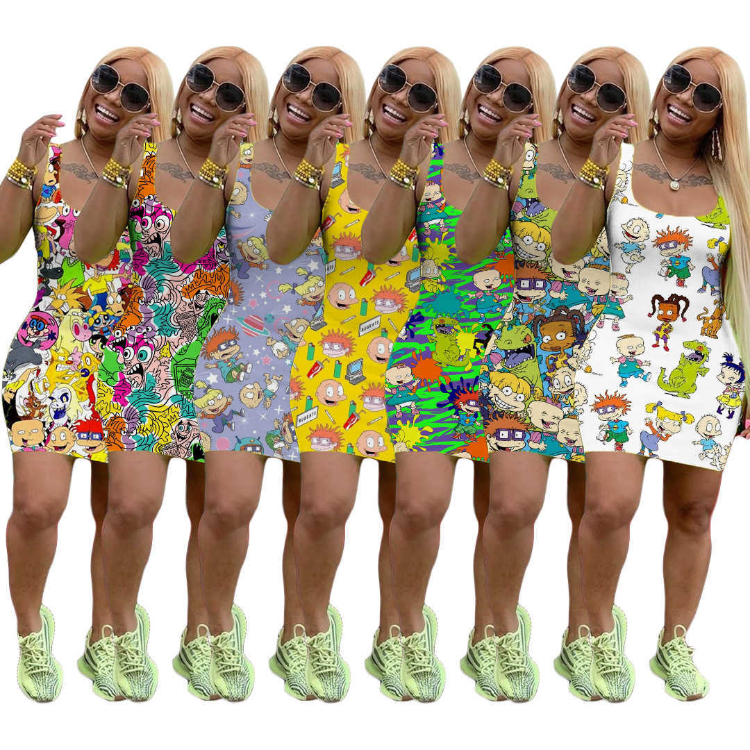 

7 Color Womens Summer Dress Designer Cartoon Mini Skirt Sleeveless One Piece Dress Nightclub Plus Size -XXXL Ladys Summer Clothing Free DHL, Mix color or leave a message