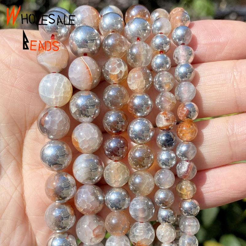 

Other Natural Stone Beads 6/8/10mm Silver Cracked Agates Round Spacer Loose For Jewelry Making DIY Bracelets Accessories 15''