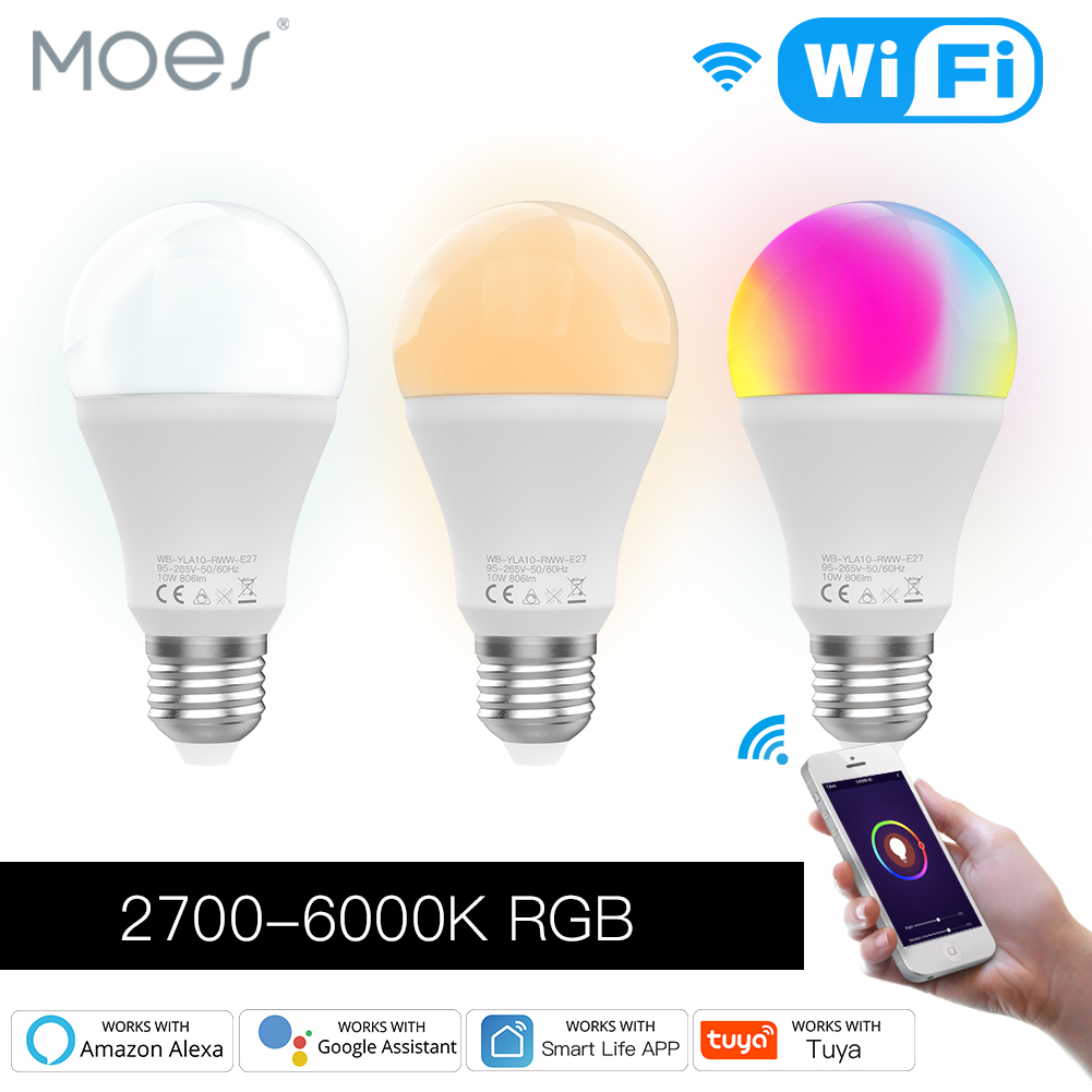 

Moes WiFi LED Dimmable Light illuminations Bulb 10W RGB C+W Smart Life App Rhythm Control Work with Alexa Google Home E27 95-265V