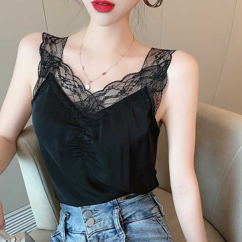 

Backless Black Lace Hollow Out Sexy Club Tank Tops Women Clothes V-neck Chiffon White Camisole Summer Patchwork Top Femme 210615