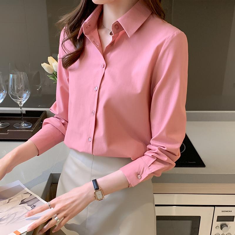

Women's Blouses & Shirts Wisher&tong Work Casual Tops For Women Long Sleeve 2021 Spring Autumn Elegant Korean Clothing Pink Shirt, White
