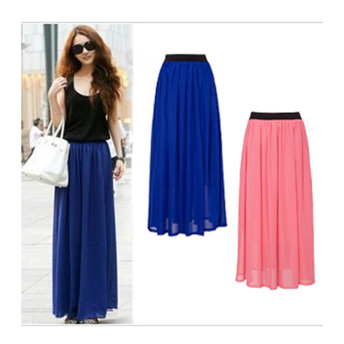 

Summer Fashion Bohemian Double Layer Chiffon Pleated Elastic Waist long Maxi Skirt Drop 210518, Hotpink