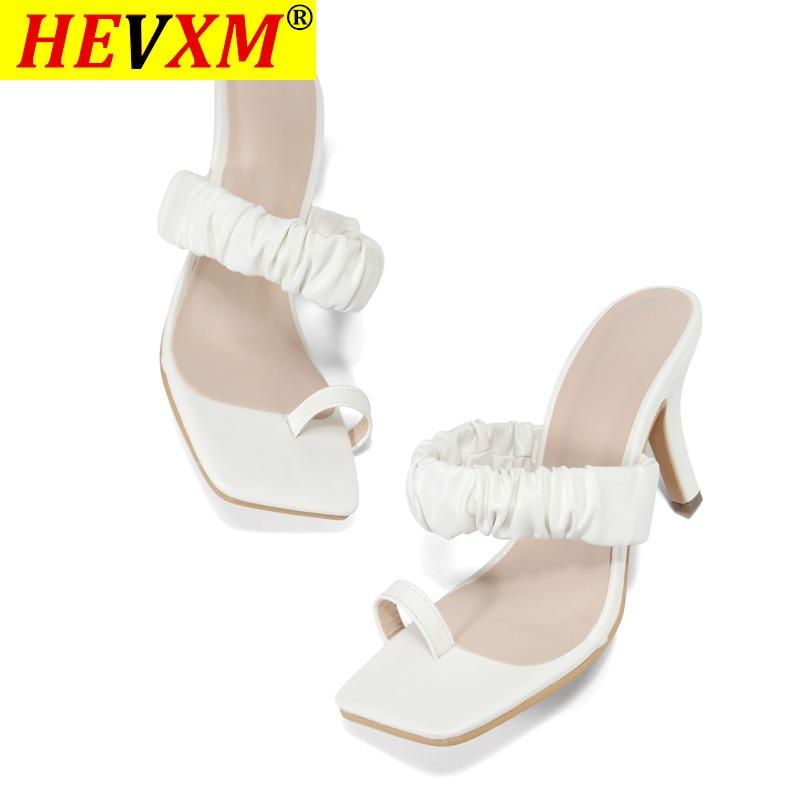 

Slippers Women Pleated Mid Heel Shoes Square Toe Block Heels Slides Female Summer Sandals Ladies White Large Size 35-42, Black