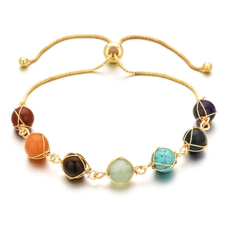 

Beaded, Strands Color Bead Hand Woven Chain 18K Real Gold Adjustable Round Natural Colorful Crystal 7 Chakra Bracelet Aura Jewelry