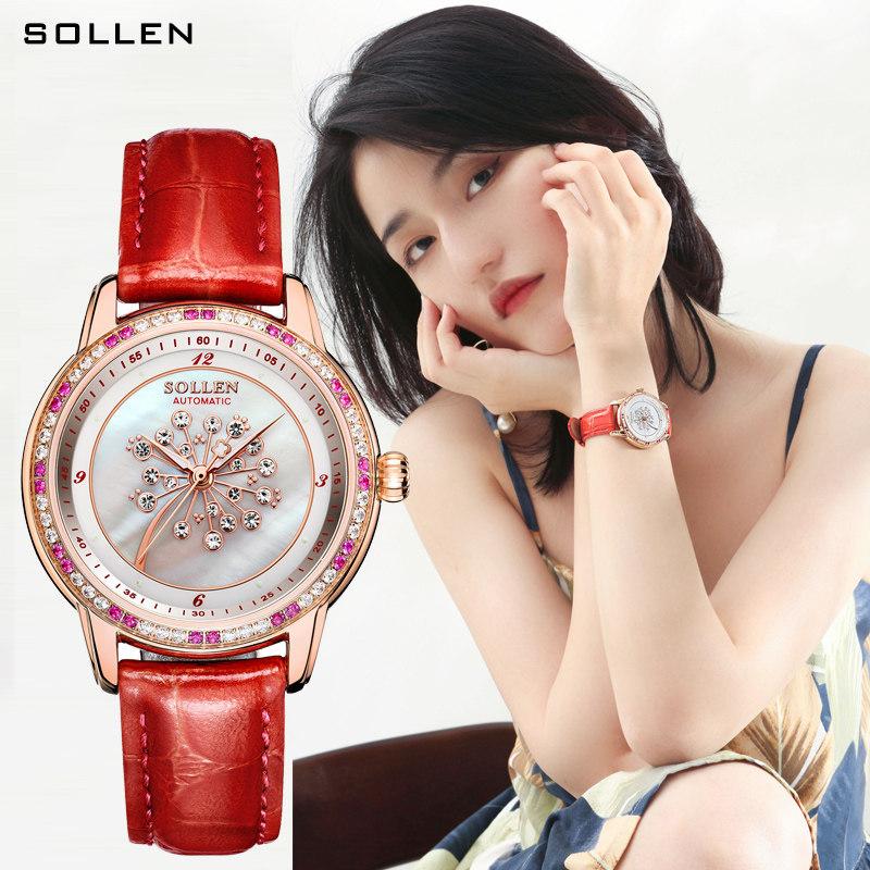

Elegant Women Automatic Mechanical Watch Luxury Rhinestone Hollow Design Luminous Hands Genuine Leather Strap Wristwatches, Slivery;brown
