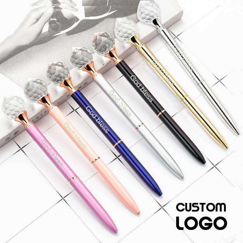 

Customized LOGO Big Diamond Metal Pen Fashion Crystal Ballpoint Pens Creative Gem Gifts Student Stationery Free Carve Name, Blue;orange