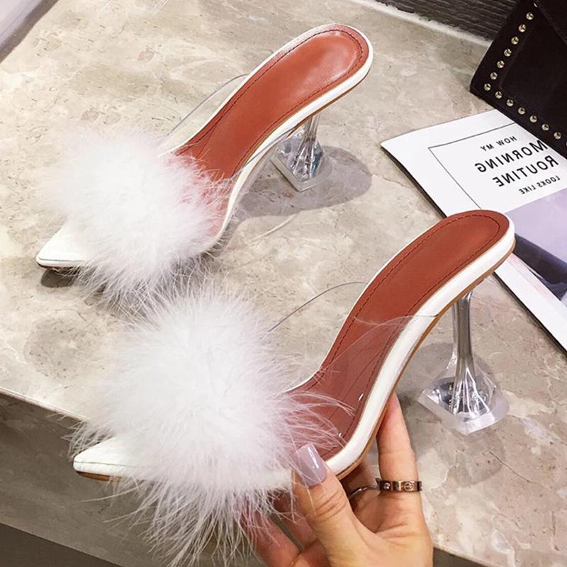 

Dress Shoes Summer Woman Pumps PVC Transparent Feather Perspex Crystal High Heels Fur Peep Toe Mules Slippers Ladies Slides Size 35-43, Black