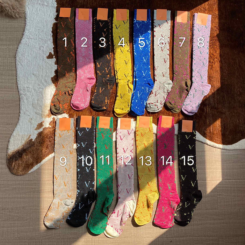 

Brand Letter Jacqurd Stockings 15 Colors Elastic Candy Socks Christmas Day Gift for Girls Luxury Hosiery, As pic