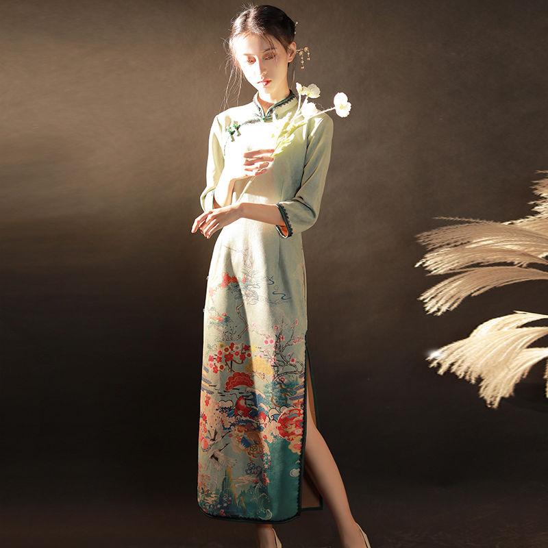 

Ethnic Clothing Female Long Velour Suede Cheongsam Slim 3/4 Sleeve Print Chinese Dresses Traditional Vintage Button Mandarin Collar Qipao