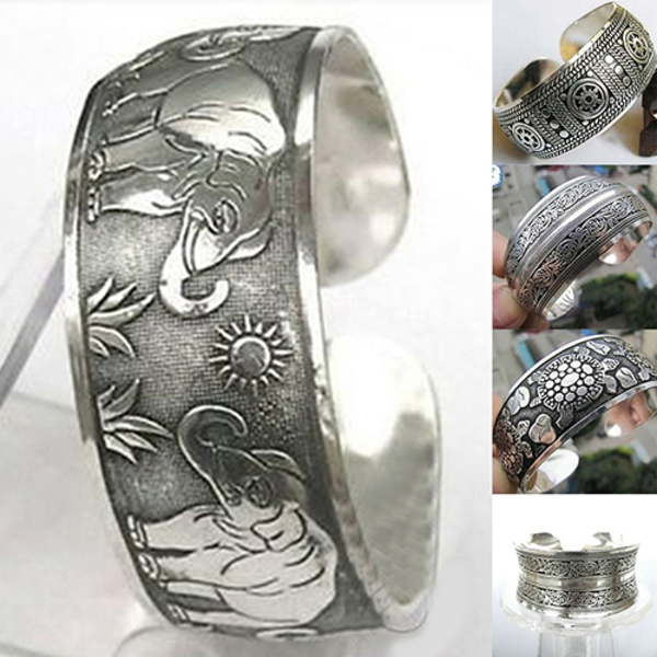

Vintage Tibetan Silver Elephant Carved Open Bangle Cuff Wide Bracelet Jewelry Q0719