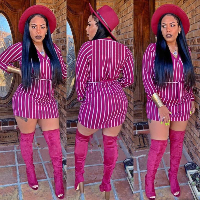 

Casual Dresses AHVIT Vertical Striped Bodycon Mini Dress V Neck Long Sleeve Sashes Women Spring Autumn Sheath F78, Black