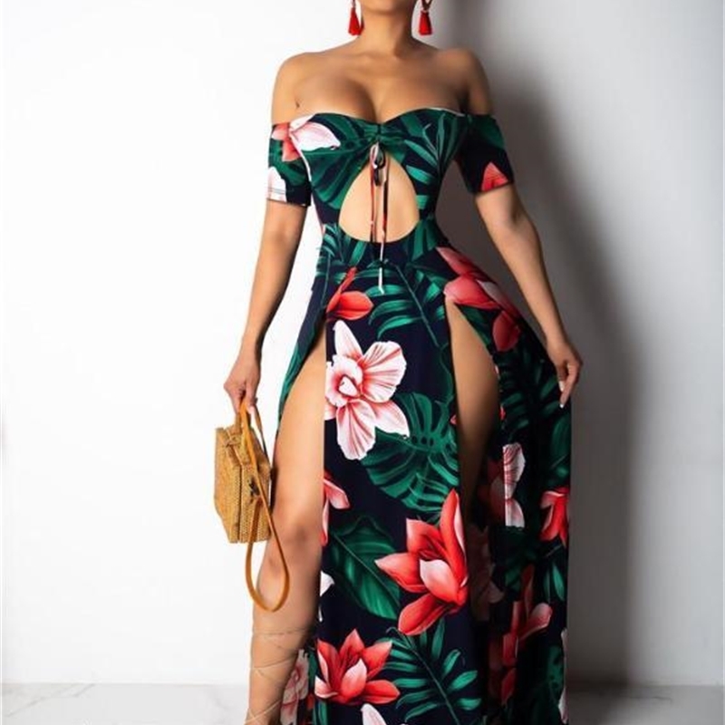 

Slash Neck Strapless Women Dress Fashion Waist Hollow Out Asymmetrical Flord Print Dress Summer Sexy Split, White;black