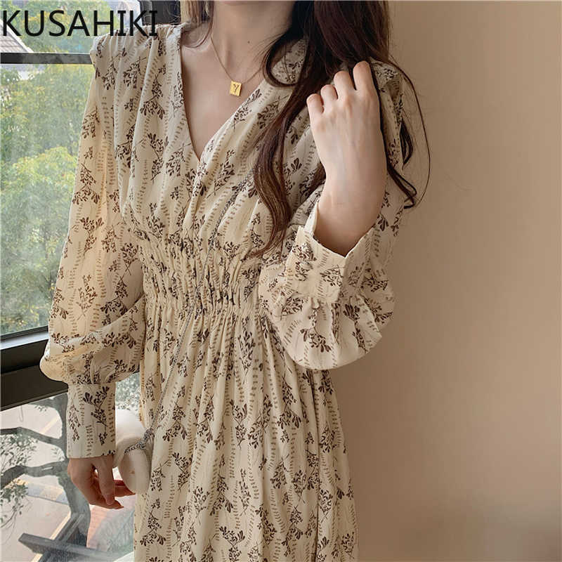 

KUSAHIKI Floral Women Dress Puff Sleeve V-neck Korean Elegant Dresses Spring Stretch High Waist Mid-calf Vestidos 6F480 210602, Photo color
