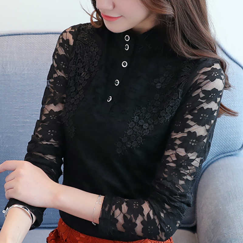 

Blouses Woman Fashion Hollow Out Lace Blouse Women Tops Autumn Long Sleeve Women Shirts Plus Size Blouse Women Blusas C163 210602, Black