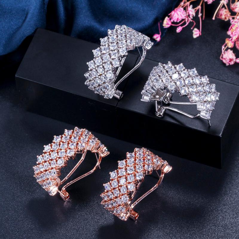 

Stud ThreeGraces Luxury Rose Gold Color Earring Jewelry Roman Style Half Round CZ Stone Vintage Big Earrings For Ladies ER280, Golden;silver