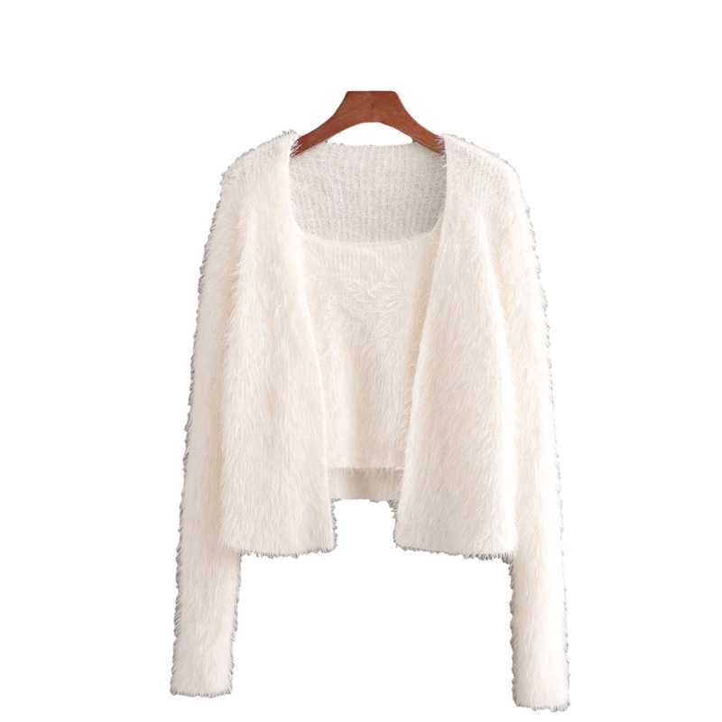 

Elegant Women Chic Two Piece Suit Fashion Ladies Solid Sweater Tops Streetwear Female Sweet Soft Knitted Cardigan 210527, White