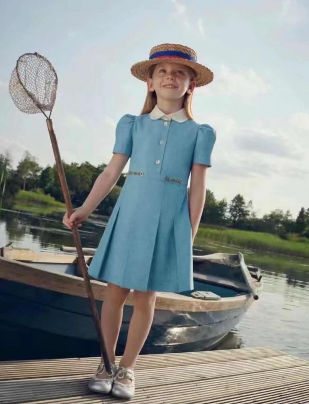 

Spring/Summer New Lapel Horsebit Canvas Short Sleeve Dress, Wathet blue