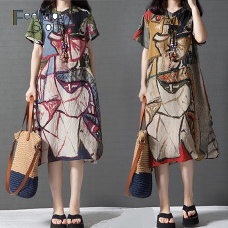 

Boho Loose Linen Dress Women Summer Casual es Beach Print Ladies Short Sleeve Floral Maxi Long Vestidos Robe Femme 210603, Gray