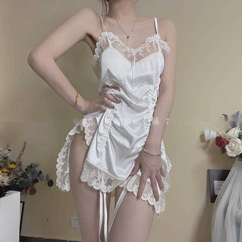 

WOMENGAGA Lace Mesh Korean Female Anchor Sexy Transparent Tank Drawstring Ruffle Mini Dress Dresses SD788 210603, Black