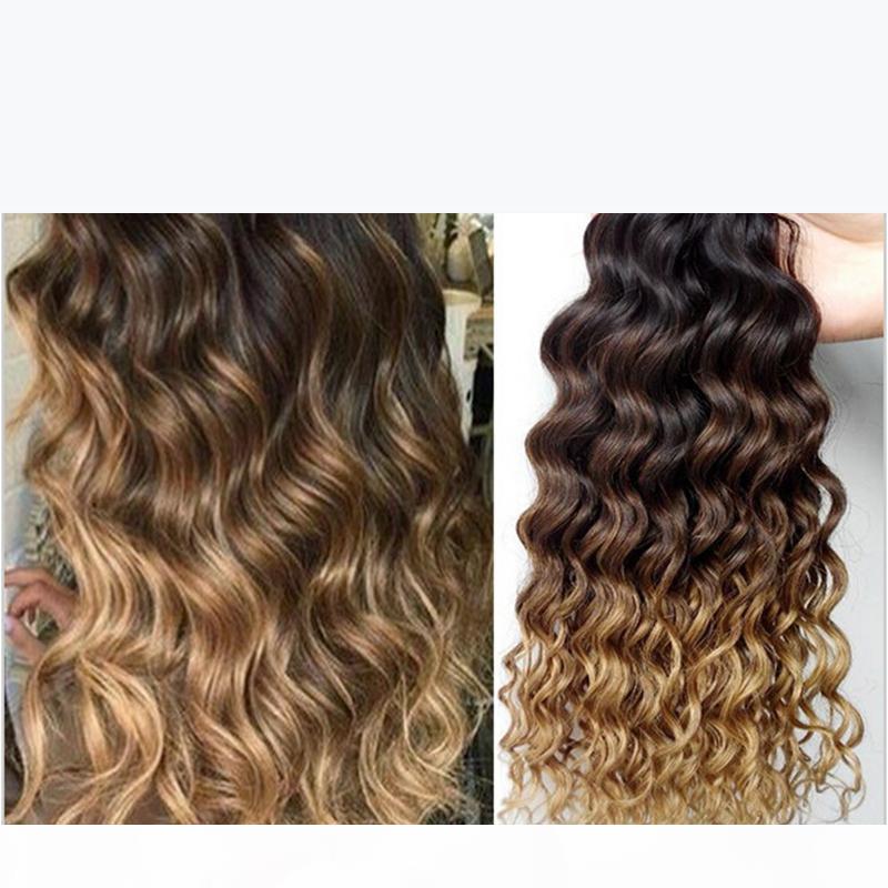 

three tone 1b 4 27 brown blonde ombre deep wave wavy human hair extensions 3pcs lot honey blonde ombre deep curly hair bundles, #1b/#4/#27