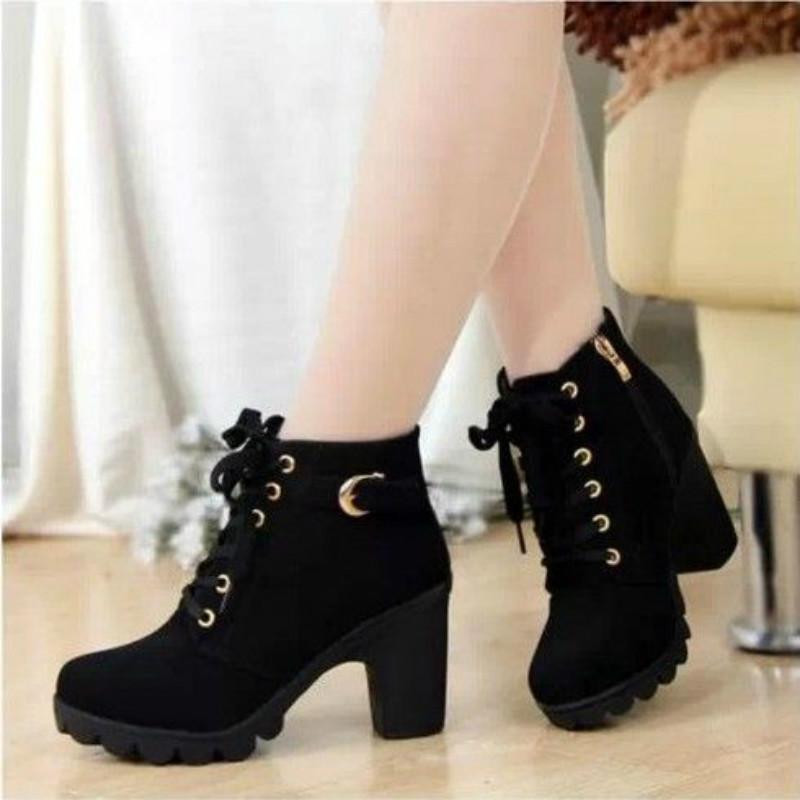 

Boots 2021 Women's Korean Style High Heels Thick Heel Lace Bottom Side Zipper Short Women, Black