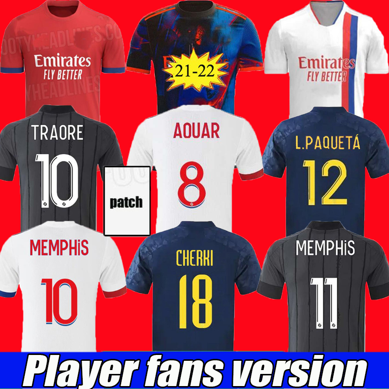 

20 21 22 Olympique Lyonnais four Player fans version soccer jerseys 2021 2022 Lyon home away Jersey de foot OL TRAORE MEMPHIS AOUAR FEKIR thailand football shirts, 2020