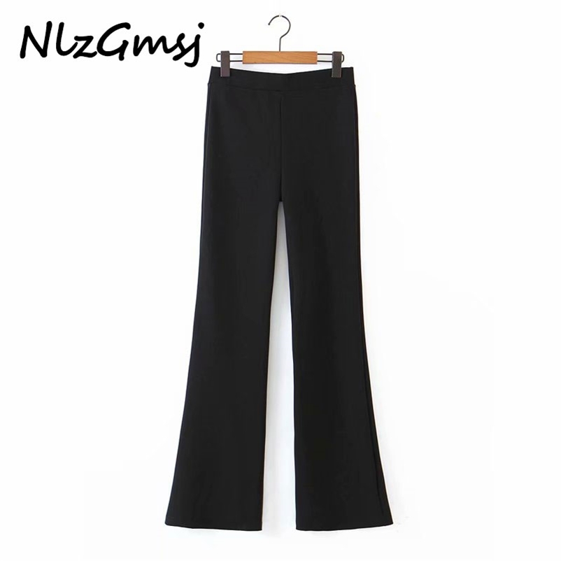 

Pant Autumn Spring Boot Cut Solid Elastic waist Full Length Female Elegant Street Trousers 210628, As picture