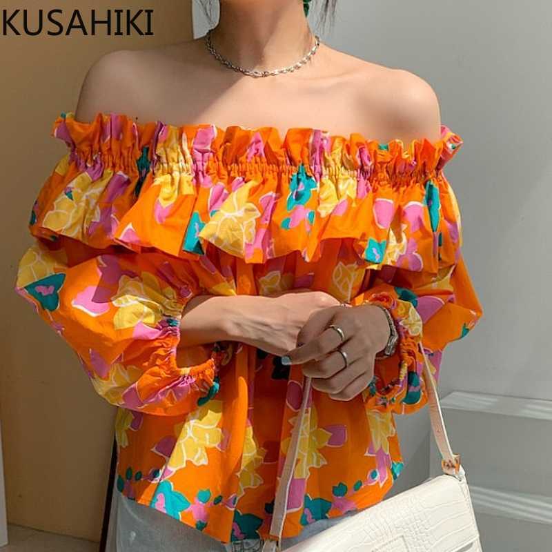 

KUSAHIKI Korean Printing Slash Neck Women Blouses Sexy Strapless Ruffle Blusas Top Summer Puff Sleeve Fashion Shirts 6J577 210602, Black