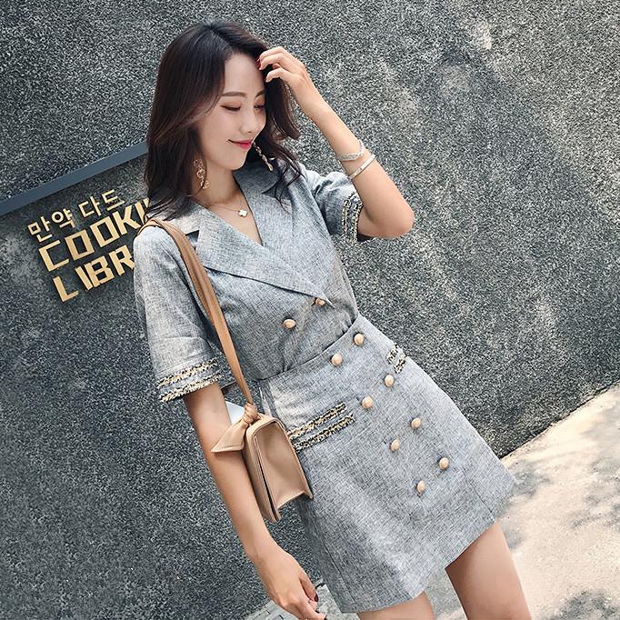 

Two Piece Dress 2021 Summer Office Lady Grey Suit Jacket Double Breasted Notched Collar Blazer Coat +High Waist A-line Skirt Women Set, Gray
