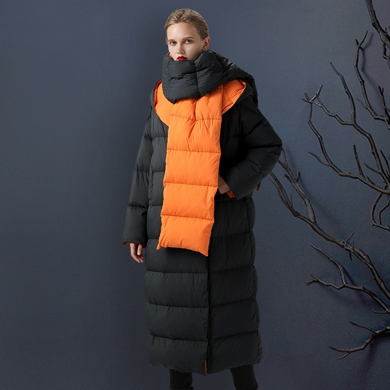 

down jacket 2021 winter hooded women's medium long thickened 90 white duck korean loose, Black