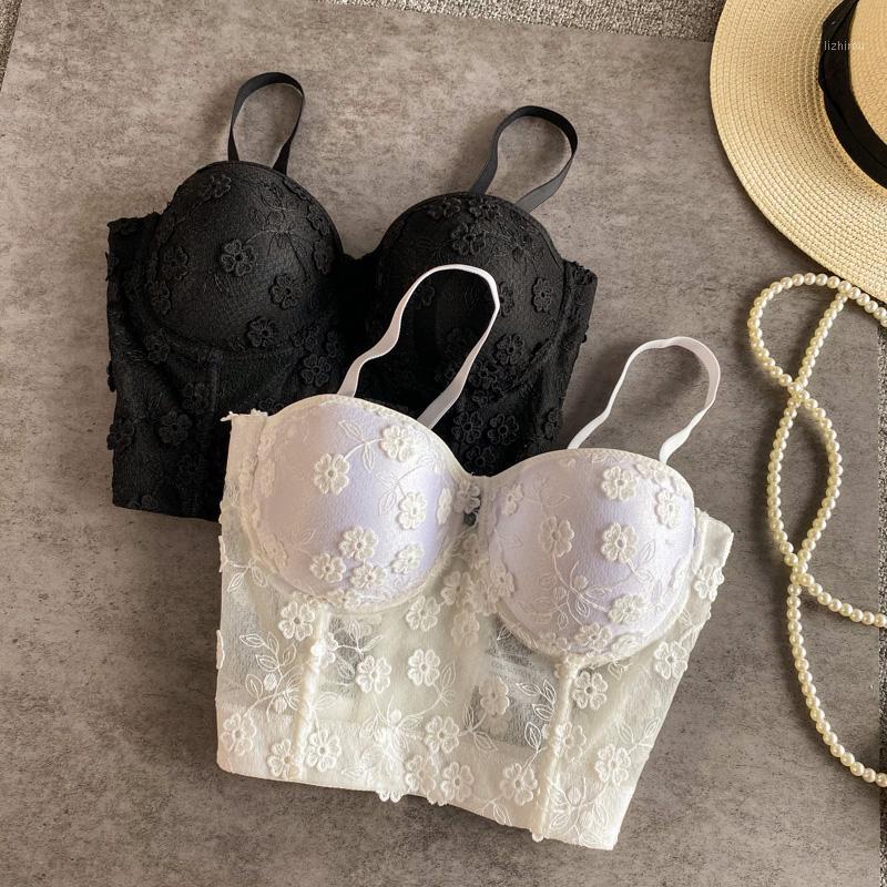 

Summer 2021 Short Sexy Corset Lace Flower Suspender Vest For Women Fashion Gathered Chest Push Up Bra Embroidery White Crop Top Bustiers & C, Black