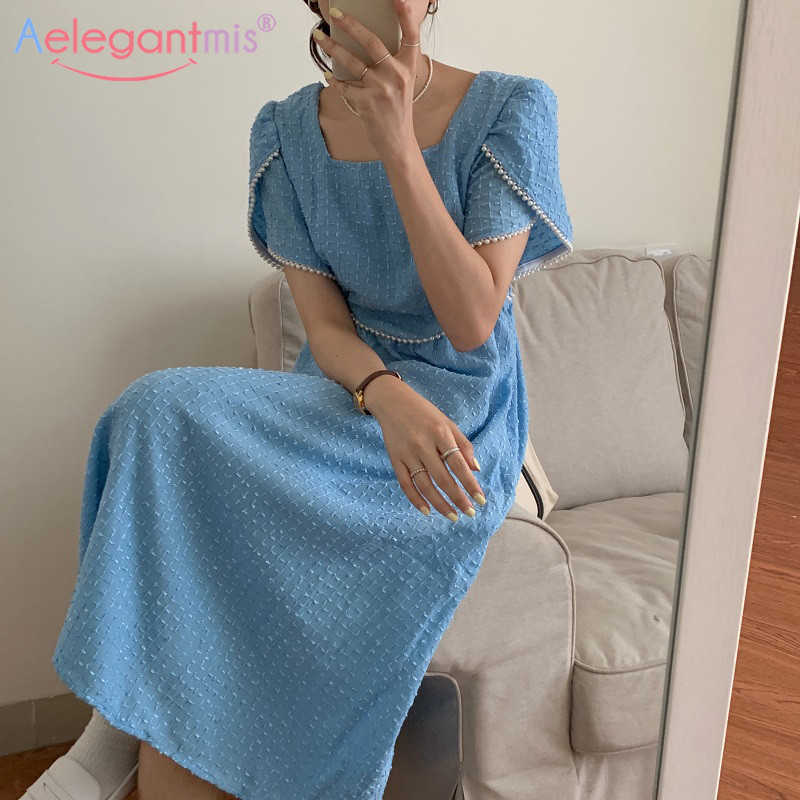 

Aelegantmis Elegant Square Collar Pearl Puff Sleeve Solid Dresses Women Short A Line Long Dress Female Vestidos Summer 210607, Blue