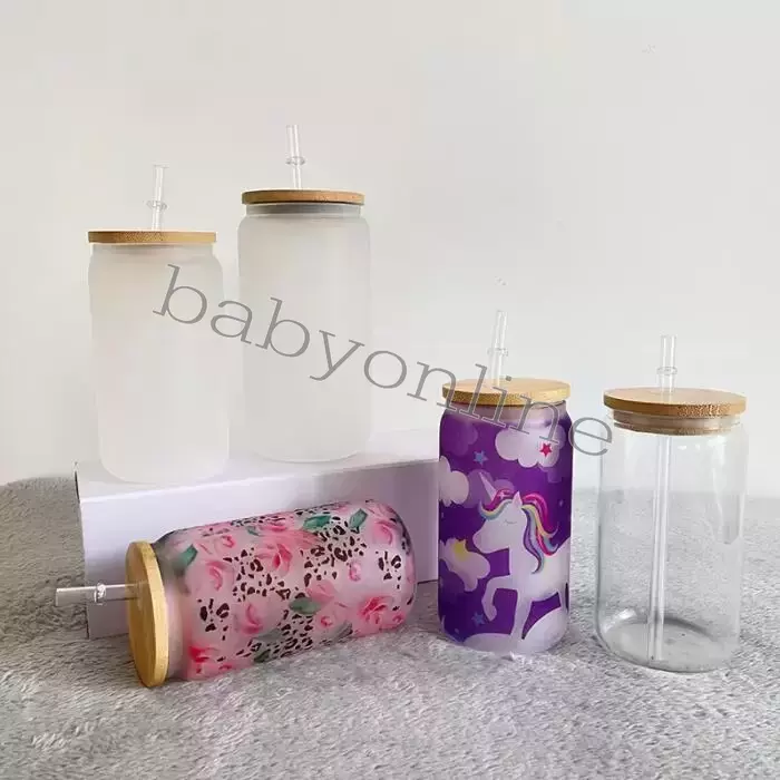 

12oz 16oz DIY blank sublimation Can Tumblers Shaped Beer Glass Cups with bamboo lid and straw beer can glass for iced coffee soda sxm8, 12oz clear