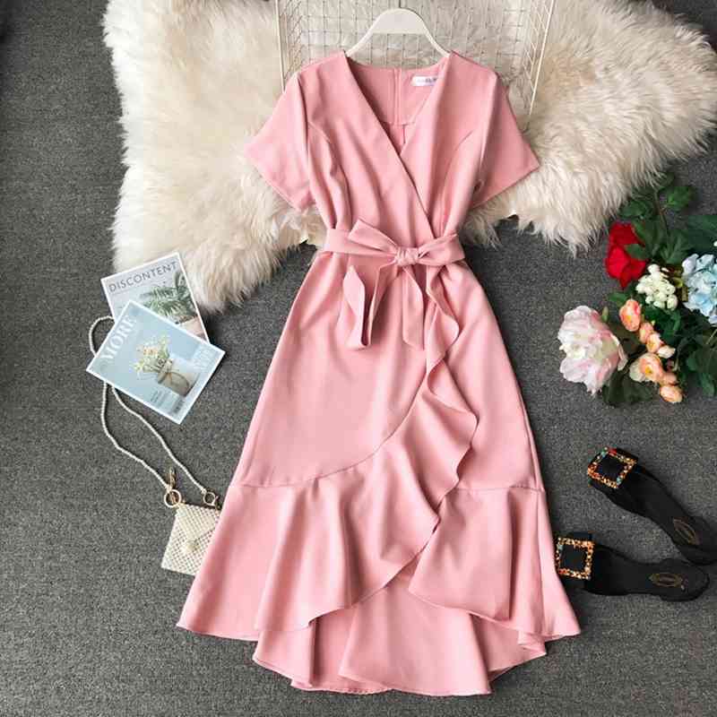

Women's Spring Summer Split Ruffles Solid Temperament Dress Bandage Short Sleeve Irregular Ladies 210520, White